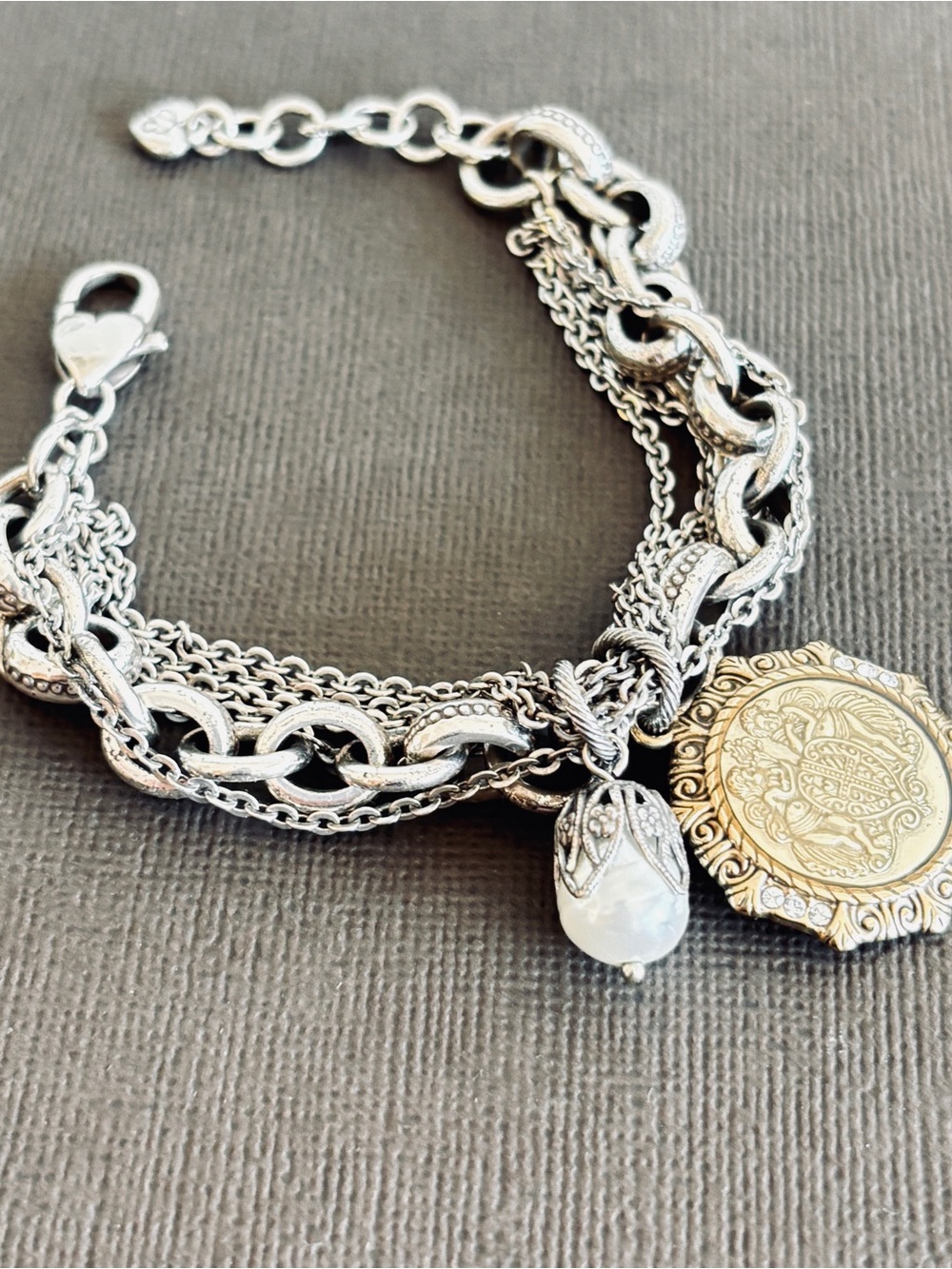 Brighton Two-Tone Multi-Chain Bracelet with Gold Medallion and Pearl Drop
